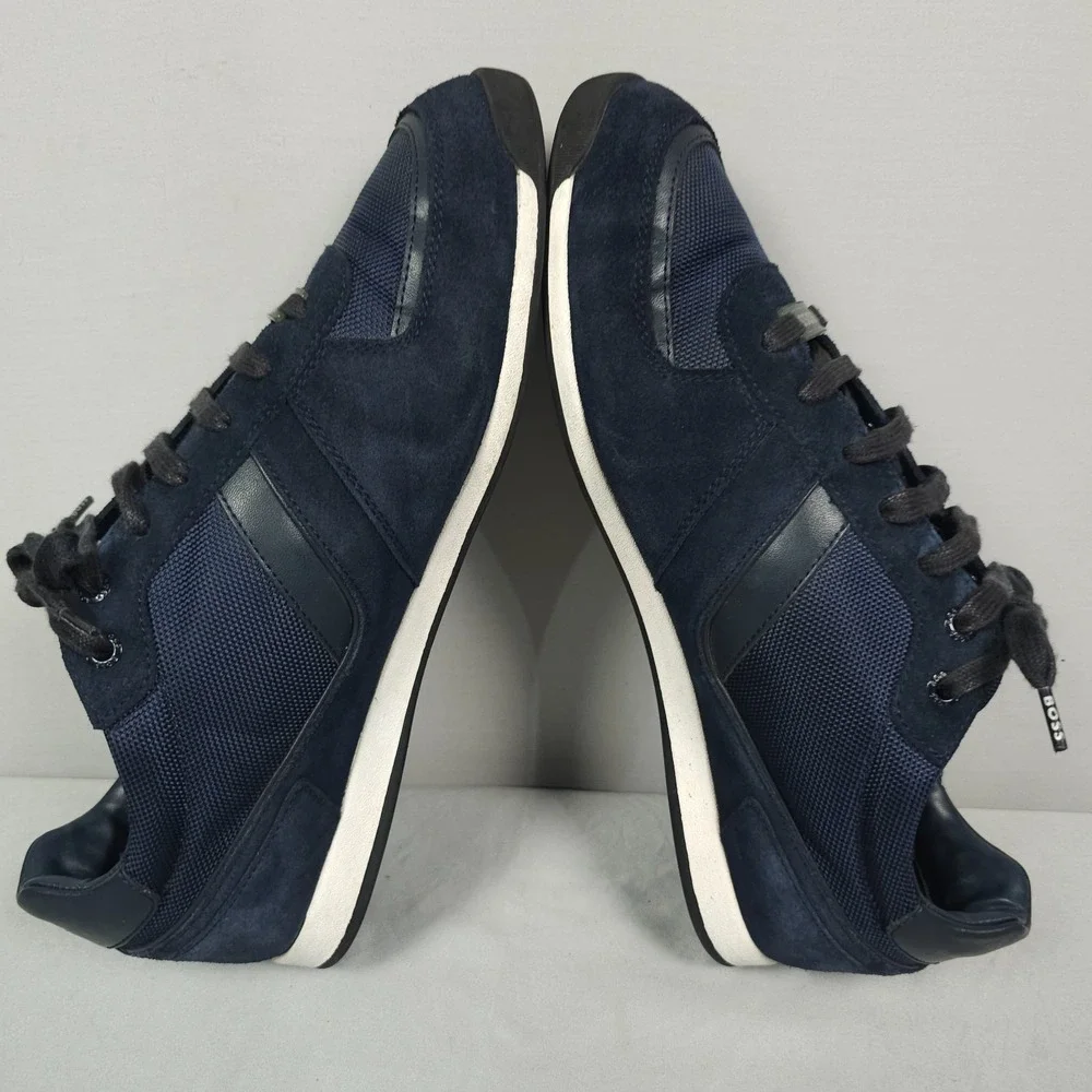 Hugo Boss Glaze Shoes Men Size 43 US 10 Navy Blue Suede Low Lace Up Sneaker